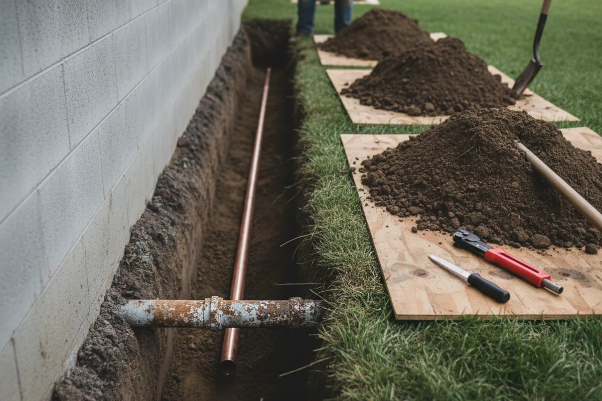 Excavated water line trench during Sewer Line Repair in Gap